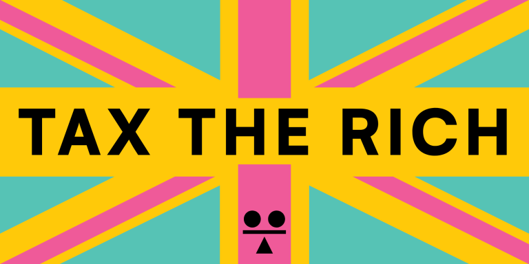 Recoloured Union Jack flag with 'TAX THE RICH' written across it